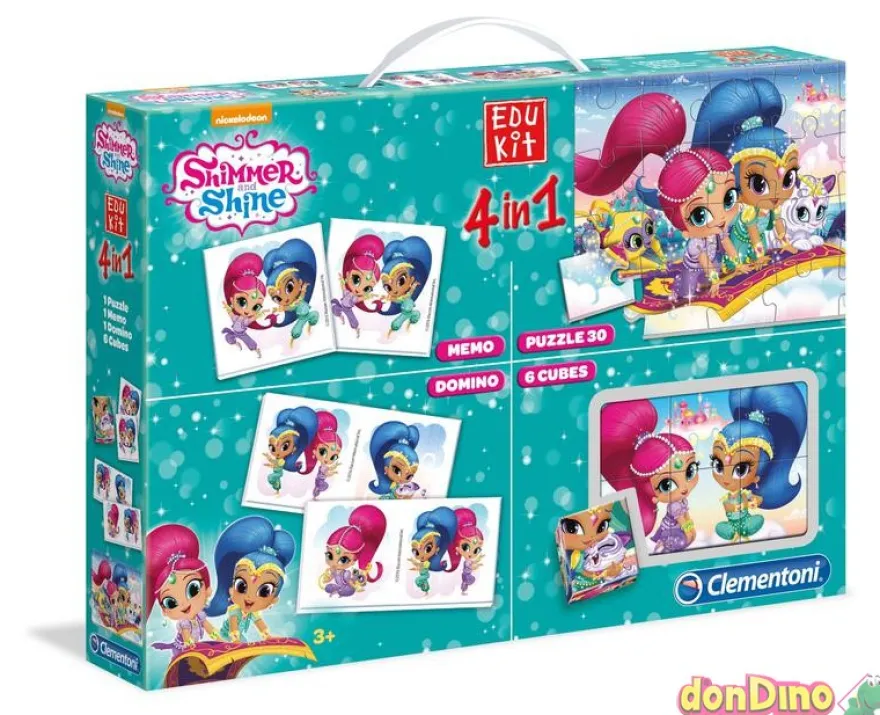 Edukit 4en1 shimmer & shine 1 memo, 1 puzzle 30pzas., 1 domino, 6 cubos
