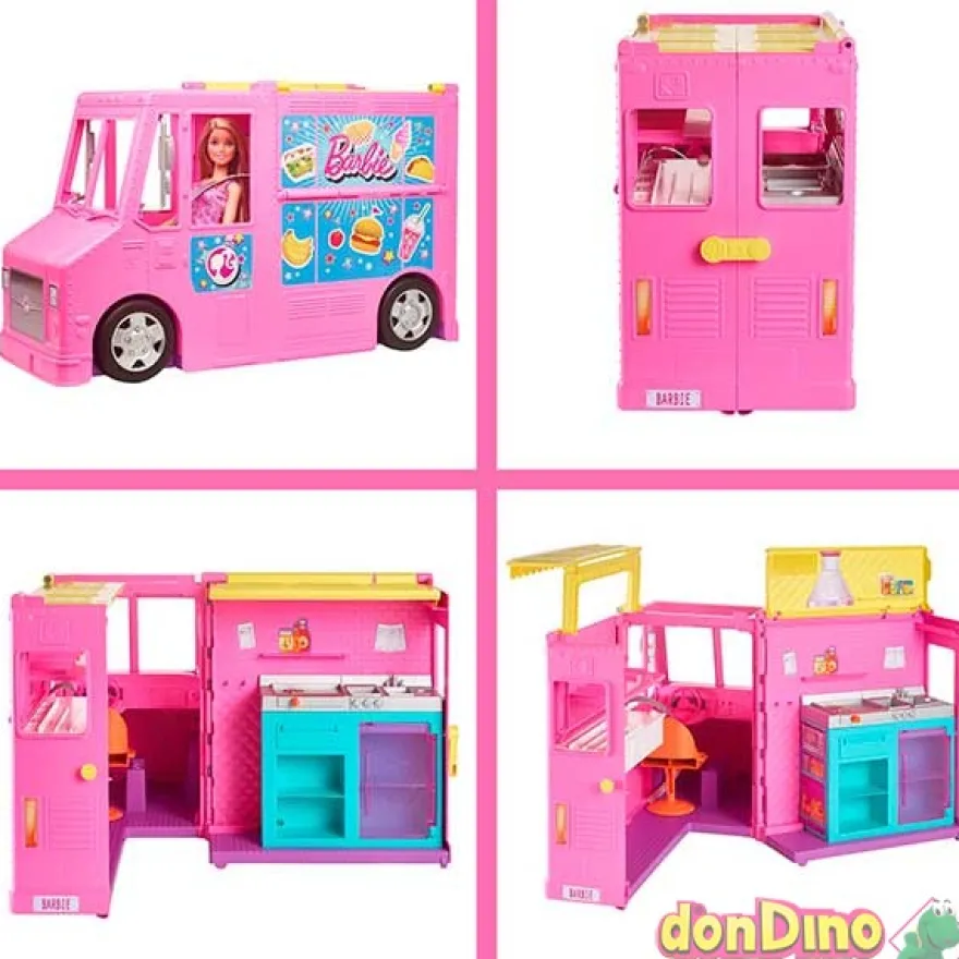 Furgoneta hamburgueseria barbie c/3 muñecas y 30 accesorios