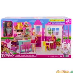 Restaurante cook'n grill barbie c/muñeca-25 piezas-6 zonas de juego-plegable